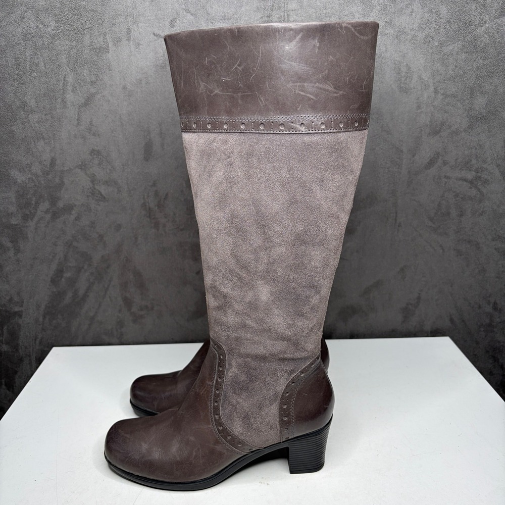 Clarks Two-Tone Brown and Taupe Knee-High Heeled Boots